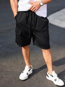 Manfinity Homme Men's Casual Versatile Patches Drawstring Waist Cargo Shorts - Black - View 4