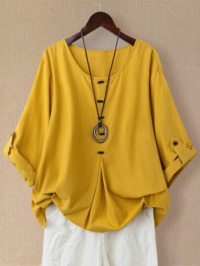 EMERY ROSE Blusa Longa de Manga Longa Assimétrica de Linho, Primavera/Verão