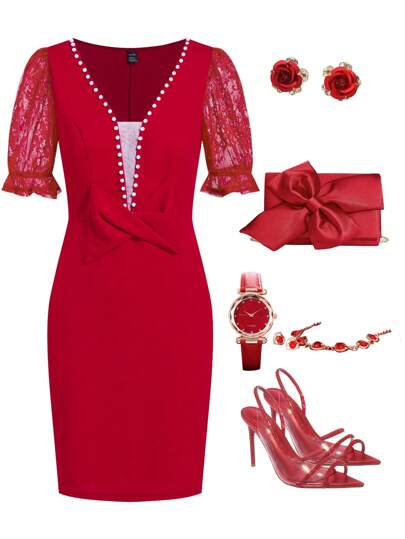 Ellevyn Women's Elegant Romantic Valentine's Day Belted Butterfly Mesh Patchwork V-Neck Beaded Red Bodycon Mini Dress Wedding Guest Dress Valentine's Day Outfit Dress Summer Dresses For Women