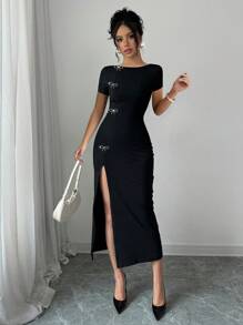 Elenzga Vestido con cuello redondo, lazo metálico y abertura alta - Negro - Ver 6