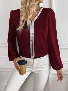 SHEIN Clasi Damen V-Ausschnitt Pailletten Patchwork Party Elegant Präzise Knitterfrei Glänzend Langarm Bluse, Herbst/Winter