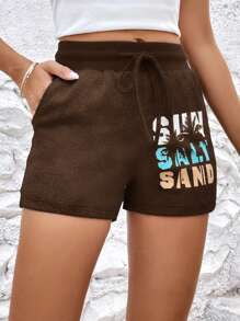 SHEIN LUNE Quần short thường ngày in họa tiết, tối giản và thời trang để mặc hàng ngày - Cà phê nâu - Xem 3