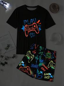 SHEIN 2 Piece Sets Snug Fit Night Wear Kids 2pcs Glow-In-The-Dark Video Game Print Men's Pajamas Set, Casual Comfortable Short Sleeve Shirt And Shorts, Sleepwear Sets (1 Set Is Sold Separately) .This Product Requires UV Light Exposure To Glow.