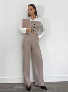 SHEIN Essnce Dames gestreept patchwork shirt met lange mouwen en gestreepte lange broek set, Office Commuter 2-delige outfit, kantoorkleding