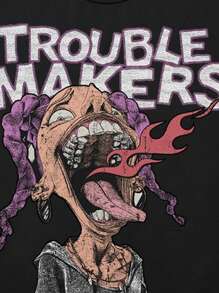 ROMWE MEN Street Life Men Heavyweight Boxy Fit Letter Graphic T-Shirt And Shorts Set - Black - View 4