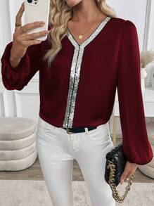 SHEIN Clasi Damen V-Ausschnitt Pailletten Patchwork Party Elegant Präzise Knitterfrei Glänzend Langarm Bluse, Herbst/Winter