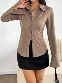 Flirla Women's Plain Color Cuff Slit Long Sleeve Shirt, Spring/Autumn - Brown - View 3