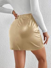 SHEIN Frenchy 开衩下摆 PU 紧身迷你黑色半身裙 - 金色 - 查看 2