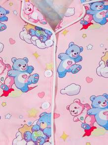 2pcs/Set Baby Girl Pink Bear Print Long Sleeve Shirt And Pants Casual Loungewear Pajamas Set - Pink - View 6