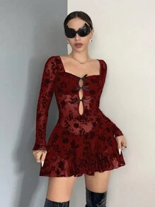 EgrlEra Women's Sexy Party Flocked Mesh Floral Print Solid Color Long Sleeve Bodycon Mini Dress Fall Cloth For Women - Burgundy - View 3