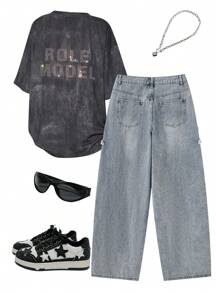 SHEIN EZwear 女士春夏情侣同款/说唱歌手/外出牛仔星星图案贴布直筒牛仔裤 - 淺藍色 - 查看 2