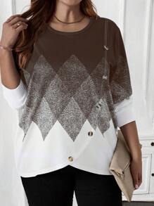 EMERY ROSE Women's Plus Size Long Sleeve Black & White Geometric Printed Fall Sweatshirt - Brown - View 6
