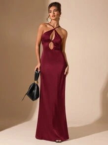 SHEIN BAE 纯黑色性感简约优雅露背系带前镂空长款美人鱼连衣裙，适合毕业典礼、正式活动、鸡尾酒会、浪漫约会、秋冬分层连衣裙、派对、俱乐部、婚礼宾客连衣裙、万圣节服装、圣诞连衣裙，性感镂空镂空 - 酒紅色 - 查看 7
