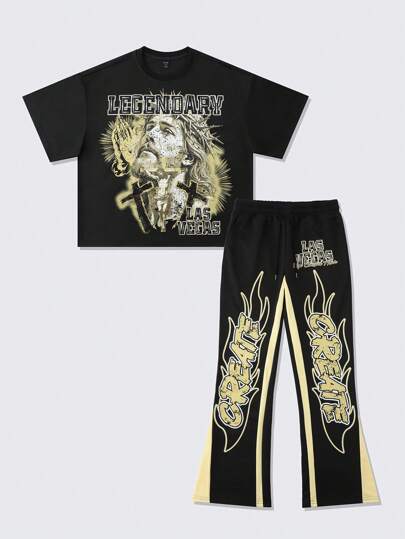 Goth Completo da uomo composto da Maglietta con stampa di lettere e personaggi, vestita ampia, e pantaloni della tuta con patchwork a zampa d'elefante