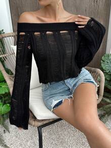 Breezaya 度假休闲纯色镂空露肩针织套头衫秋冬毛衣 - 黑色 - 查看 4