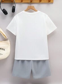 SHEIN 2pcs/Set Tween Boys' Casual School Cute Pattern Round Neck T-Shirt And Shorts Set,Suitable For Commuting,Daily Outings,Sports,Spring/Summer - White - View 2