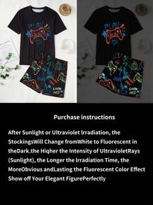 SHEIN 2 Piece Sets Snug Fit Night Wear Kids 2pcs Glow-In-The-Dark Video Game Print Men's Pajamas Set, Casual Comfortable Short Sleeve Shirt And Shorts, Sleepwear Sets (1 Set Is Sold Separately) .This Product Requires UV Light Exposure To Glow.