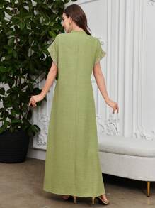 Al Najma 刺绣领花插肩袖立领优雅连衣裙、卡夫坦和贾拉比亚，端庄 - 綠色 - 查看 2
