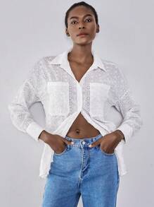 SHEIN Unity Loose Fit White Lace Embroidery Blouse, Oversized Casual & Fashionable Women Shirt Fall Cloth For Women - White - View 4