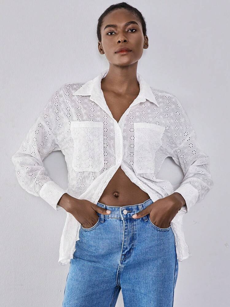 Chiquease Loose Fit White Lace Embroidery Blouse, Oversized Casual & Fashionable Women Shirt Fall Cloth For Women - White - View 4