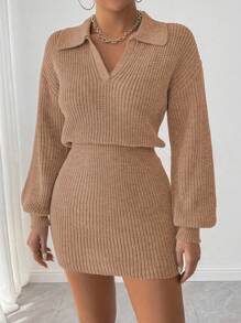 SHEIN Unity Women Solid Color Long Sleeve Slim Fit Short Knit Sweater Dress Fall Cloth For Women - Dusty Pink - View 5