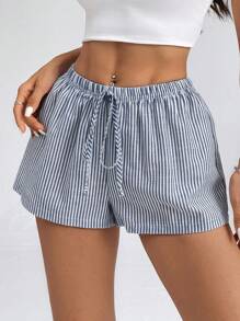 SHEIN PETITE Quần short cạp trễ kẻ sọc cho kỳ nghỉ hè trên bãi biển - Màu xanh hải quân - Xem 5