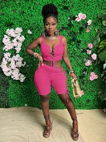 Slaydiva 2 pièces/set Débardeur et short de couleur unie avec motif ajouré - Rose vif - Voir 5