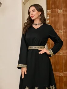 Al Najma Vestido longo árabe bordado em tecido slimming fashion - Preto - Ver 3