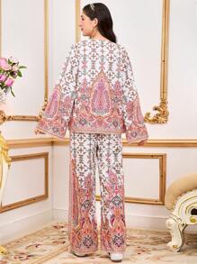 少女优雅印花图案休闲外套三件套，白色吊带背心，宽松舒适喇叭裤套装 - 彩色 - 查看 2