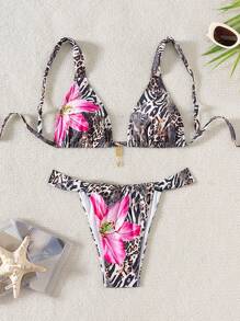 SHEIN Swim Leopard & Floral Print Triangle Cup Bikini Set For Women, For Summer Beach Vacation