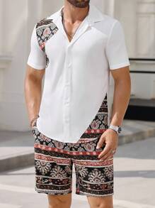 Manfinity VCAY Manfinity Modomio 2pcs Men's Woven Slim Fit Contrast Color Collared Short Sleeve Casual Shirt Set, Summer,Beach Men Shirt,Beach Men,Men Dress Shirt,Men Shorts Set,Two Pieces Beach Set - White - View 2