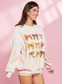 WESTFADE Áo nỉ cổ tròn dài tay họa tiết nơ mùa xuân Nashville Outfits - Màu Hồng baby - Xem 3
