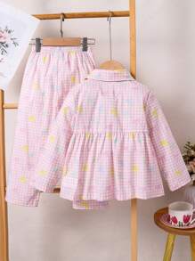 Young Girl' Classic Plaid Bow Ribbon Print Long Sleeve Top And Pants 2pcs Sets, Casual Comfortable Home Wear,Summer Travel - Multicolor - View 2