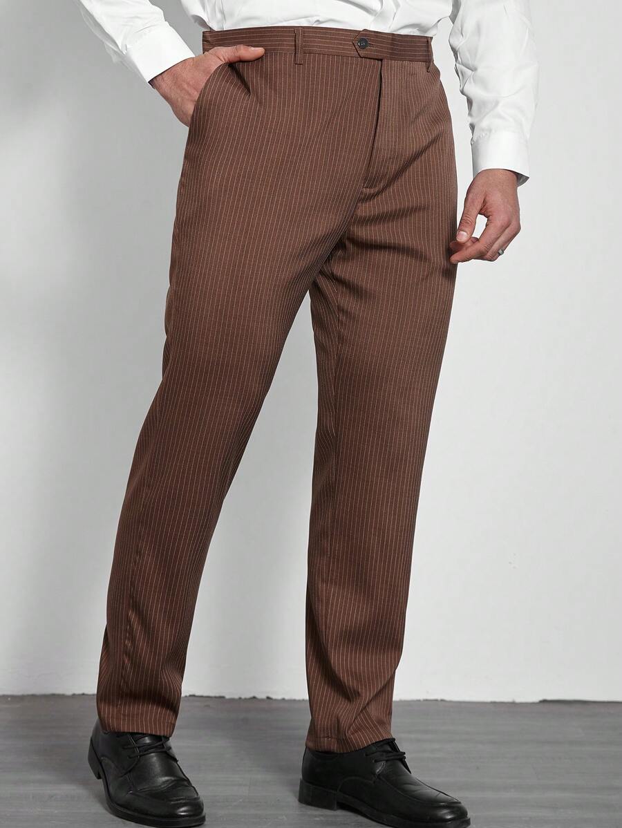 Manfinity Mode 大码男士休闲通勤条纹西装裤 - 棕色 - 查看 1