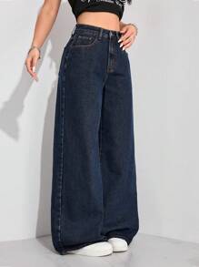 SHEIN ICON Women Front Button Pocket Casual Denim Jeans, Simple & Everyday Wear - Dark Wash - View 7