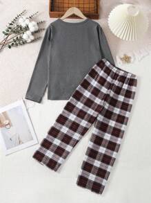 2 件装男童简约纯灰色长袖上衣和经典格子休闲裤套装、家居服 - 灰色 - 查看 2