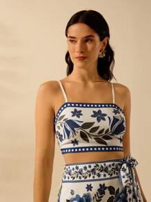 CAJUNI Top de tirantes de mujer con estampado tropical floral bohemio y cordones, camiseta casual de verano para vacaciones y playa