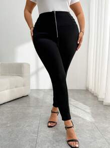 SHEIN Essnce 大码女装春夏商务休闲女装工作装复古女装约会夜女装大学生新款时尚办公室休闲优雅通勤设计前中拉链紧身打底裤正式黑裤 - 黑色 - 查看 4