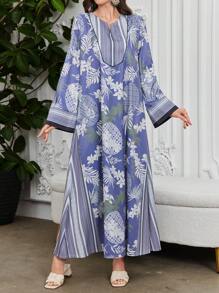 Al Najma 2025 Spring & Summer New Vintage Fashion Retro Print Patchwork Loose Long Dress, Kaftan & Jalabiya - Multicolor - View 1