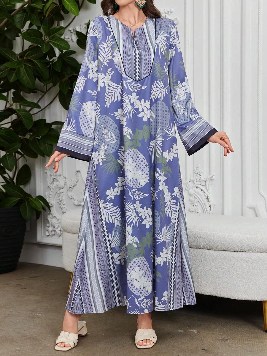 Al Najma 2025 Spring & Summer New Vintage Fashion Retro Print Patchwork Loose Long Dress, Kaftan & Jalabiya - Multicolor - View 1