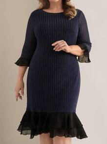 EMERY ROSE Plus Size Elegant Colorblock Striped Patchwork Ruffle Hem Dress - Multicolor - View 4