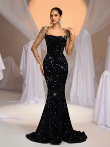 Glamrae فستان ماكسي من الفيلكرو الرائق مطرز باللؤلؤ لامع نصف شفاف أكمام طويلة مناسب للزفاف والحفلات والسهرات والأعياد والسهرات الراقية (بطراز التطريز الثقيل)، فستان حفلة، رقصة، رسمي، سهرة، حفل زفاف - الأسود - مشاهدة 5