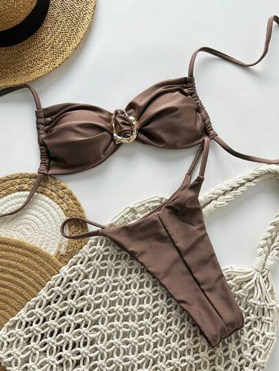 Swim Vcay Women's Solid Color Strapless Tie Metallic Jewelry Sexy Bikini Set For Summer