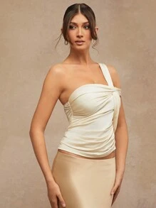 L'Amorae White Summer Elegant Party Women's One Shoulder Twist Ruched Crop Top,Solid Color Simple Fashionable For Date Night,Concerts,Wedding,Clubs,Evening - Apricot - View 3