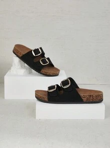 SHUZIA Sandalias cómodas y esenciales con doble hebilla y plantilla de corcho para mujer, zapatos de primavera para vacaciones de primavera y Pascua - Negro - Ver 5