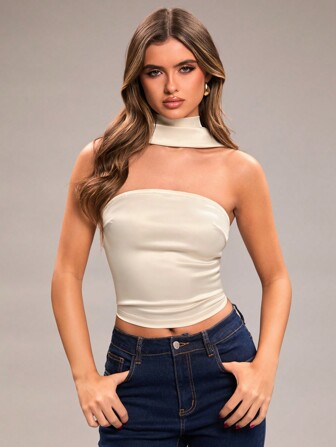 SHEIN x Lina SHEIN BAE Top ajustado de unicolor tipo bandeau minimalista, para uso casual diario de mujeres
