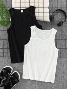 SHEIN 2 Pcs Teenboy's Solid Color Casual Knitted Fashion Jersey Gym Plain Sleeveless Tank Top, For Friends;Spring Wear; Teen Boys' Clothing; Teen Boy' Jackets, Spring Back To School
