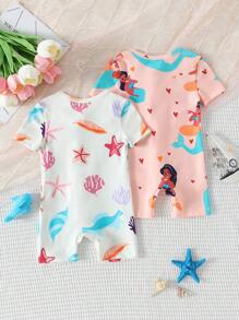 2pcs Set Baby Girls Cute Mermaid Shell Print Snug Fit Short Sleeve Romper - Multicolor - View 2