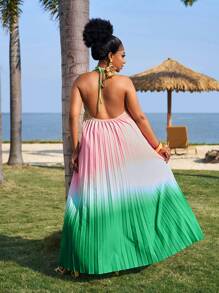 Slaydiva 大码女式渐变色褶皱宽松领带夏季度假连衣裙