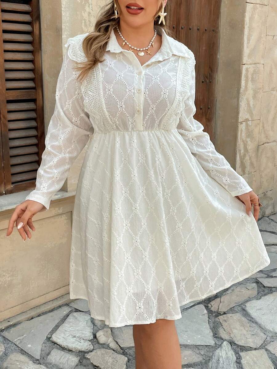 SHEIN Clasi 大码优雅花卉蕾丝拼布长袖衬衫裙 - 杏色 - 查看 1